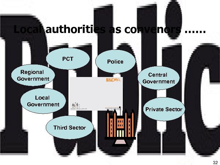 Local authorities as convenors …… PCT Regional Government Police Central Government Local Government Private