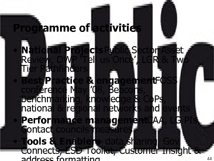 Programme of activities • National Projects Public Sector Asset Review, DWP ‘Tell us Once’,