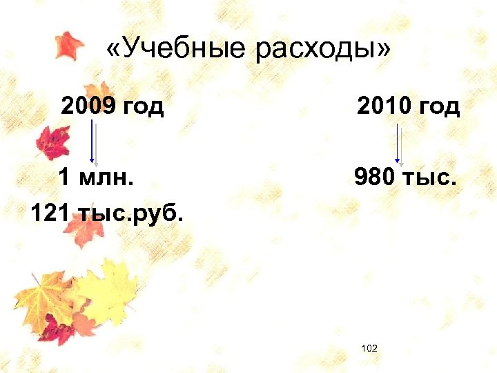  «Учебные расходы» 2009 год 2010 год 1 млн. 121 тыс. руб. 980 тыс.