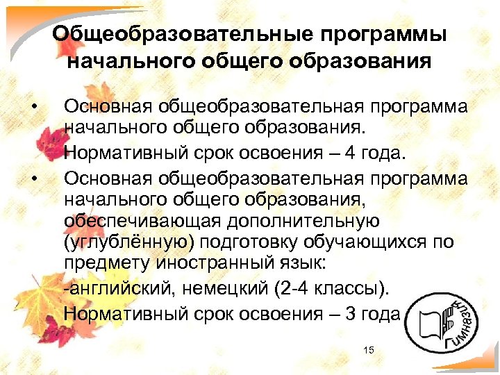 Общеобразовательные программы начального общего образования • • Основная общеобразовательная программа начального общего образования. Нормативный