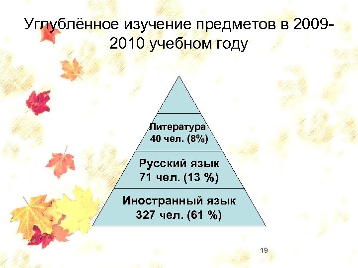 Углублённое изучение предметов в 20092010 учебном году Литература 40 чел. (8%) Русский язык 71