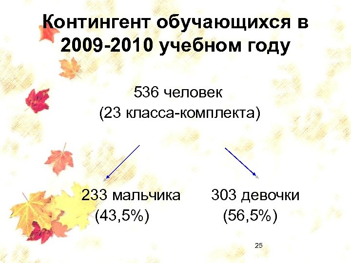 Контингент обучающихся в 2009 -2010 учебном году 536 человек (23 класса-комплекта) 233 мальчика (43,