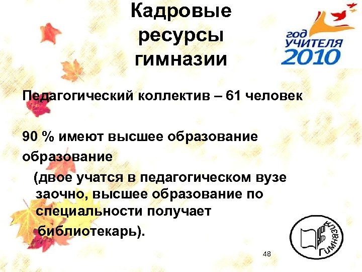 Кадровые ресурсы гимназии Педагогический коллектив – 61 человек 90 % имеют высшее образование (двое