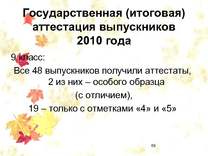 Государственная (итоговая) аттестация выпускников 2010 года 9 класс: Все 48 выпускников получили аттестаты, 2