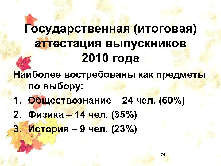 Государственная (итоговая) аттестация выпускников 2010 года Наиболее востребованы как предметы по выбору: 1. Обществознание