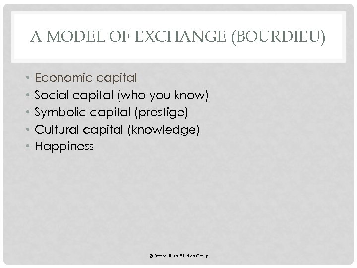 A MODEL OF EXCHANGE (BOURDIEU) • • • Economic capital Social capital (who you