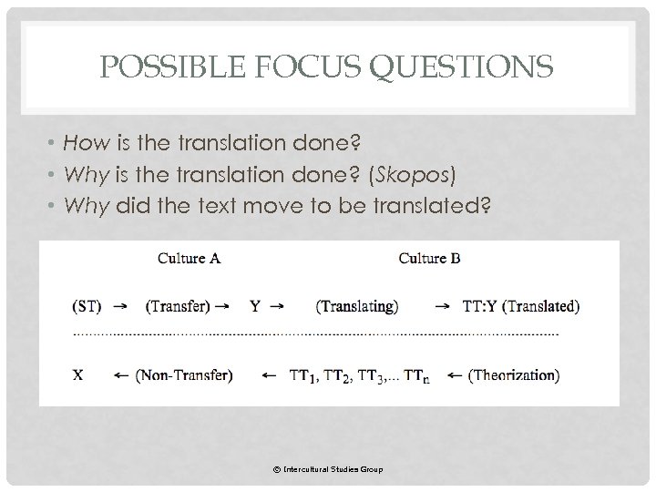 POSSIBLE FOCUS QUESTIONS • How is the translation done? • Why is the translation