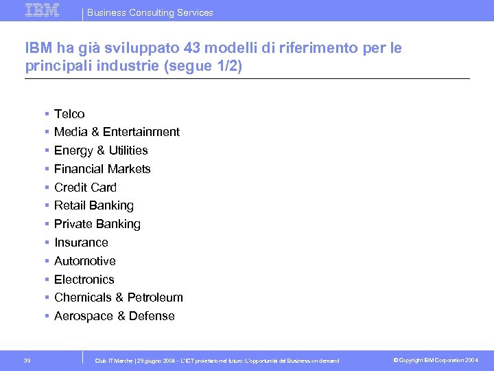 Business Consulting Services IBM ha già sviluppato 43 modelli di riferimento per le principali