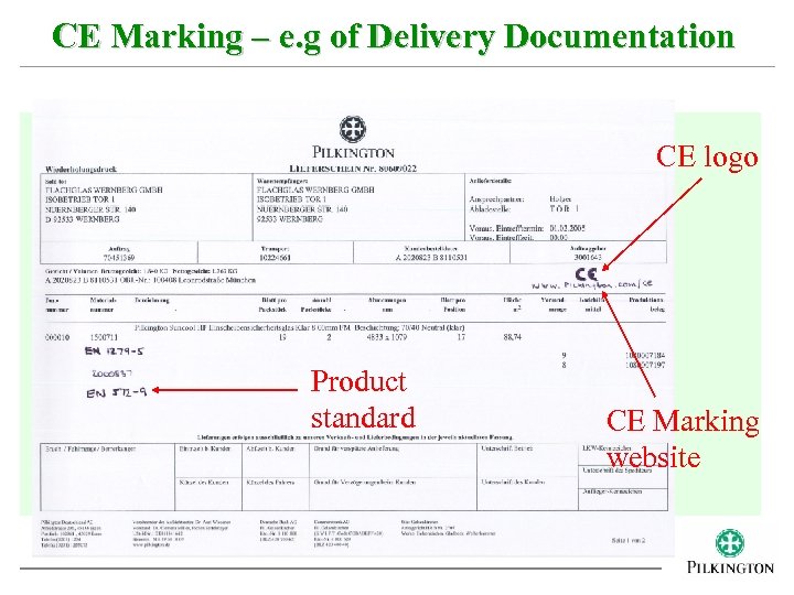 CE Marking – e. g of Delivery Documentation CE logo Product standard CE Marking