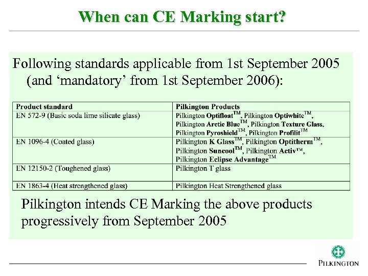 When can CE Marking start? Following standards applicable from 1 st September 2005 (and