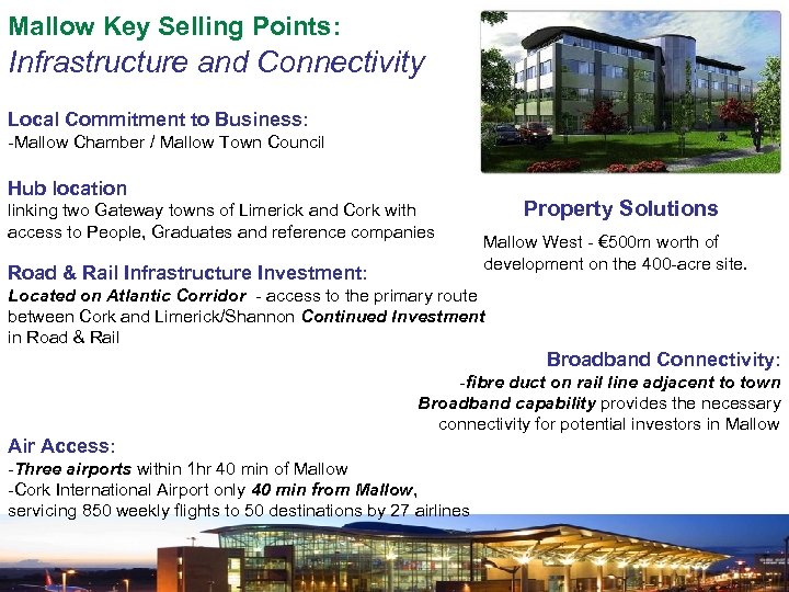 Mallow Key Selling Points: Infrastructure and Connectivity Local Commitment to Business: -Mallow Chamber /