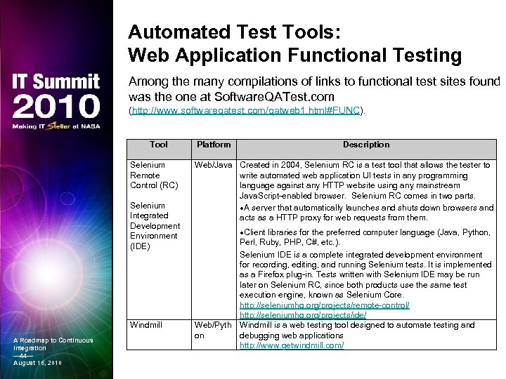 Automated Test Tools: Web Application Functional Testing Among the many compilations of links to