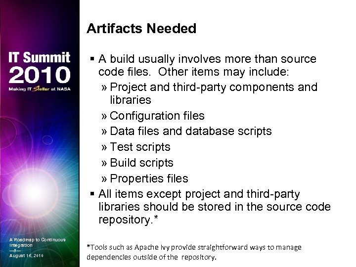 Artifacts Needed § A build usually involves more than source code files. Other items