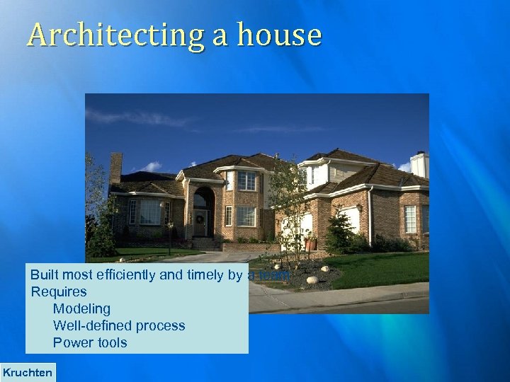 Architecting a house Built most efficiently and timely by a team Requires Modeling Well-defined