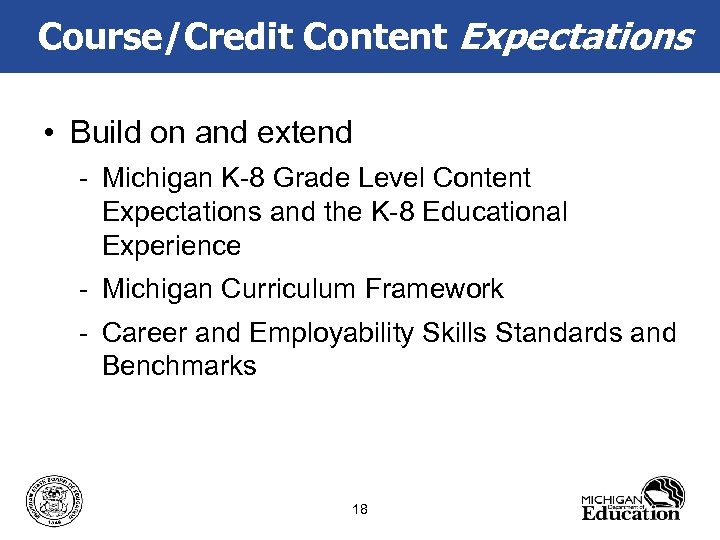 Course/Credit Content Expectations • Build on and extend - Michigan K-8 Grade Level Content