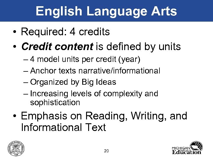 English Language Arts • Required: 4 credits • Credit content is defined by units