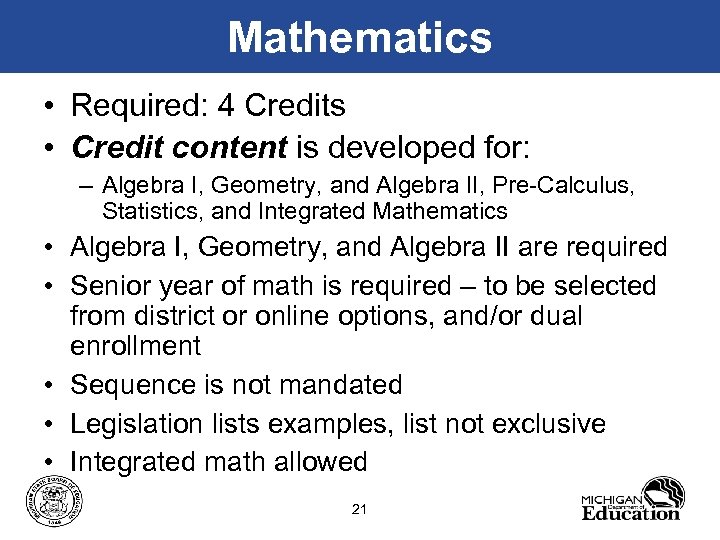 Mathematics • Required: 4 Credits • Credit content is developed for: – Algebra I,