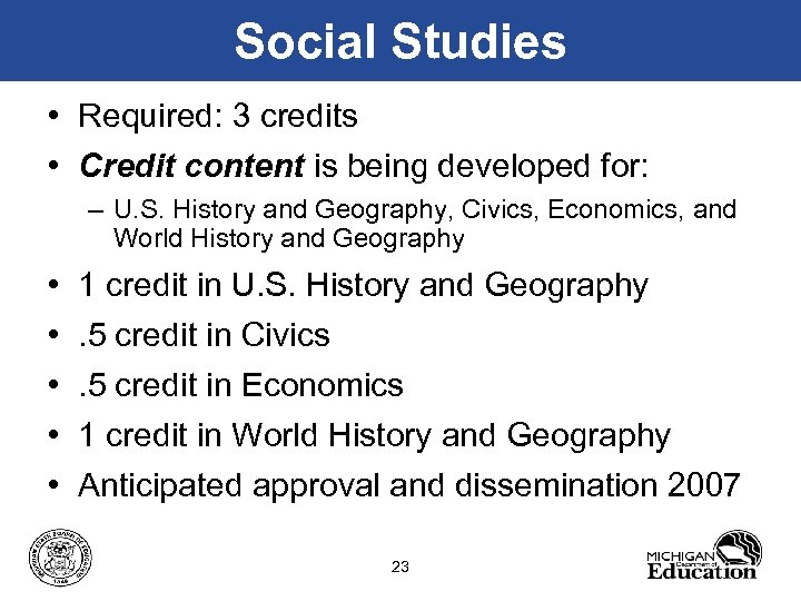 Social Studies • Required: 3 credits • Credit content is being developed for: –