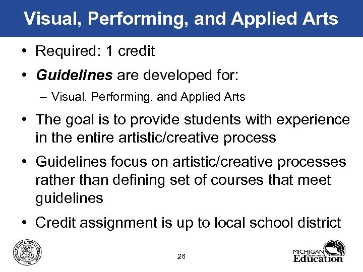 Visual, Performing, and Applied Arts • Required: 1 credit • Guidelines are developed for: