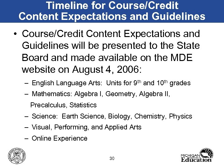 Timeline for Course/Credit Content Expectations and Guidelines • Course/Credit Content Expectations and Guidelines will