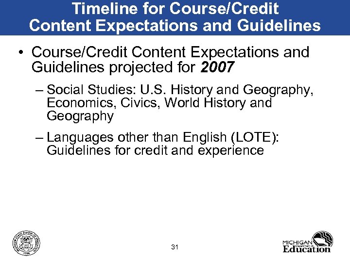 Timeline for Course/Credit Content Expectations and Guidelines • Course/Credit Content Expectations and Guidelines projected