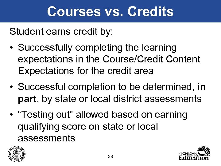 Courses vs. Credits Student earns credit by: • Successfully completing the learning expectations in