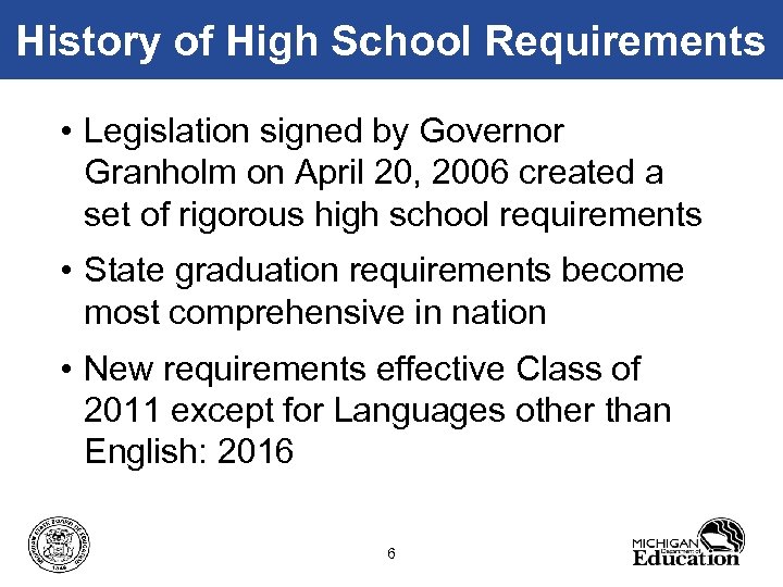 History of High School Requirements • Legislation signed by Governor Granholm on April 20,