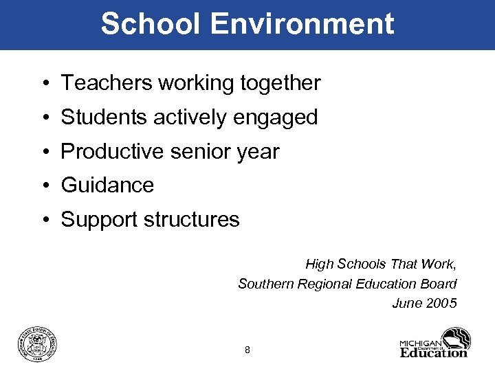 School Environment • Teachers working together • Students actively engaged • Productive senior year