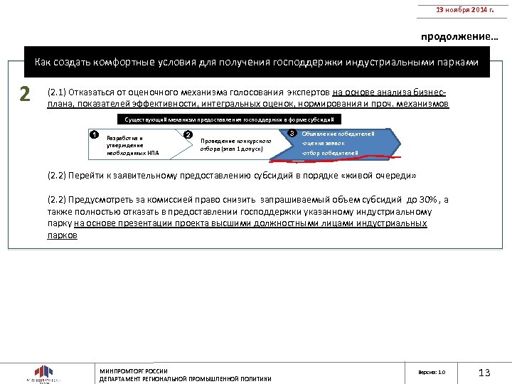 13 ноября 2014 г. продолжение… Как создать комфортные условия для получения господдержки индустриальными парками