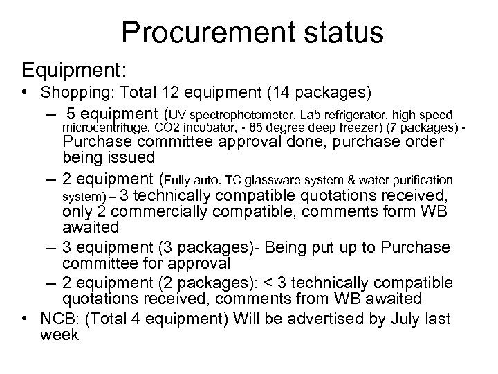 Procurement status Equipment: • Shopping: Total 12 equipment (14 packages) – 5 equipment (UV