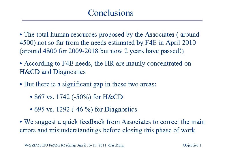 Conclusions • The total human resources proposed by the Associates ( around 4500) not