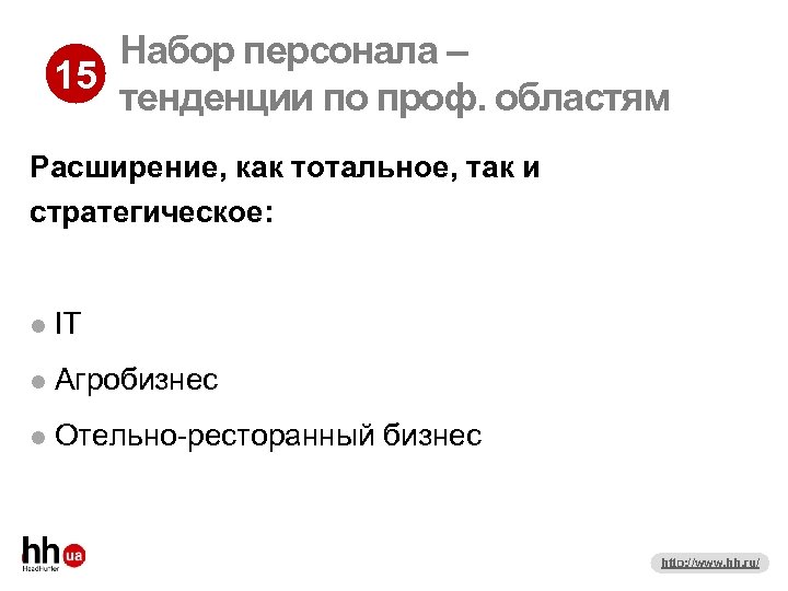 Набор персонала – 15 тенденции по проф. областям Расширение, как тотальное, так и стратегическое: