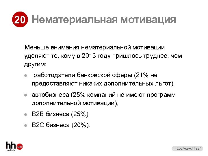 20 Нематериальная мотивация Меньше внимания нематериальной мотивации уделяют те, кому в 2013 году пришлось