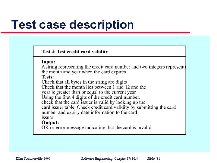 Test case description ©Ian Sommerville 2000 Software Engineering. Chapter 17/16. 4 Slide 31 
