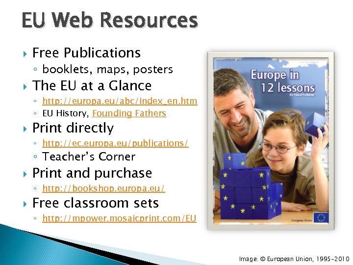 EU Web Resources Free Publications ◦ booklets, maps, posters The EU at a Glance