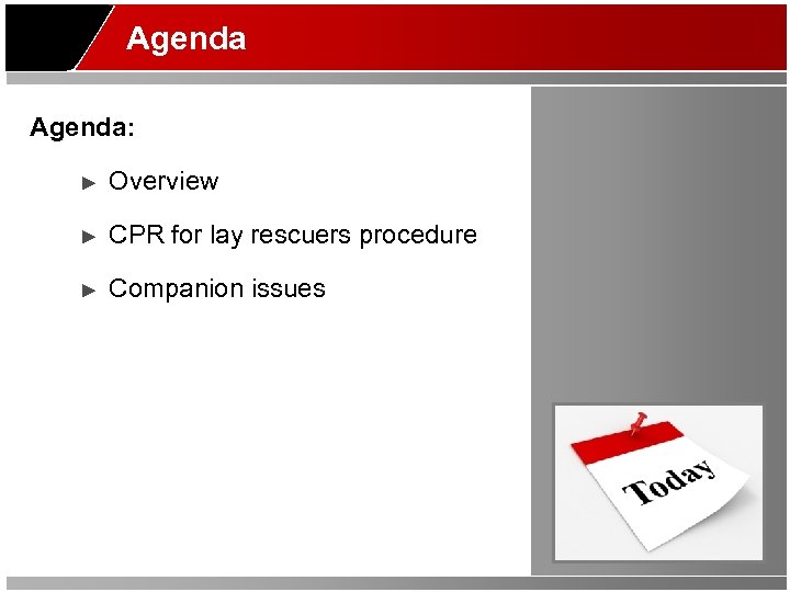 Agenda: ► Overview ► CPR for lay rescuers procedure ► Companion issues 