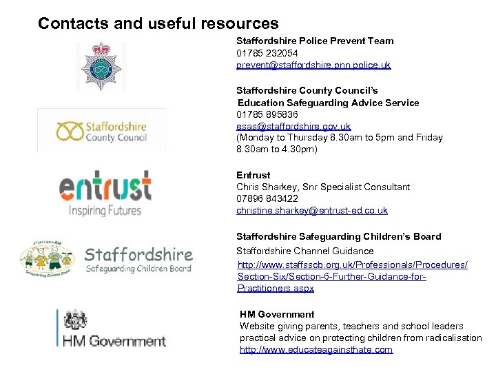 Contacts and useful resources Staffordshire Police Prevent Team 01785 232054 prevent@staffordshire. pnn. police. uk