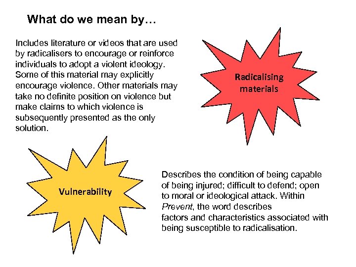 What do we mean by… Includes literature or videos that are used by radicalisers