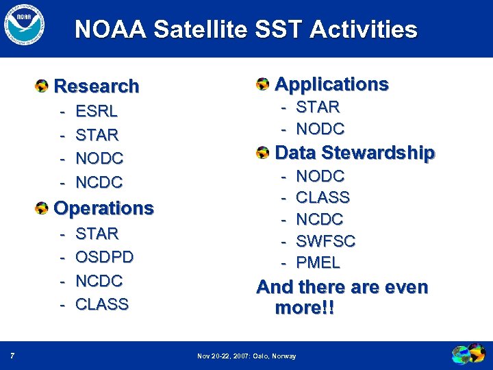 NOAA Satellite SST Activities Research - ESRL STAR NODC NCDC Operations 7 STAR OSDPD