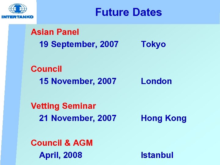 Future Dates Asian Panel 19 September, 2007 Tokyo Council 15 November, 2007 London Vetting