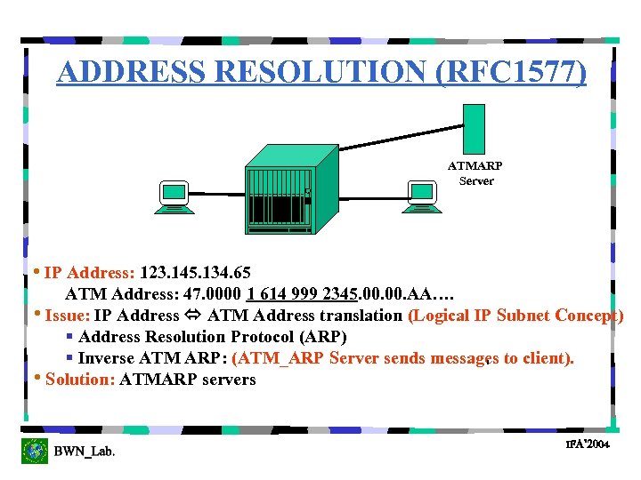 ADDRESS RESOLUTION (RFC 1577) ATMARP Server • IP Address: 123. 145. 134. 65 ATM