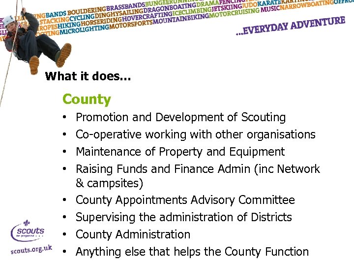 What it does… County • • Promotion and Development of Scouting Co-operative working with