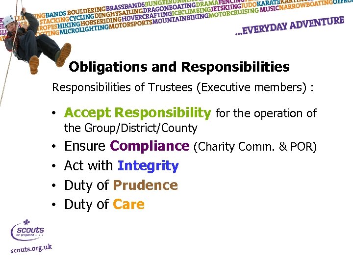 Obligations and Responsibilities of Trustees (Executive members) : • Accept Responsibility for the operation