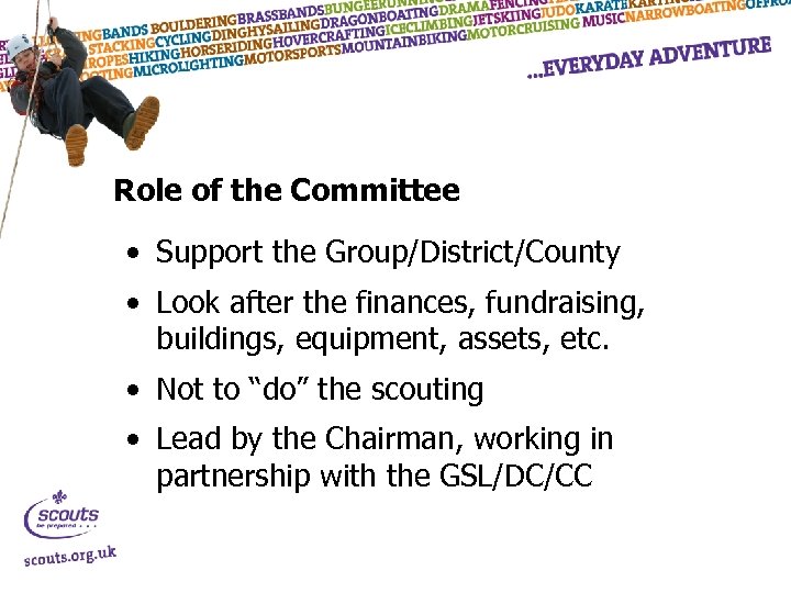 Role of the Committee • Support the Group/District/County • Look after the finances, fundraising,