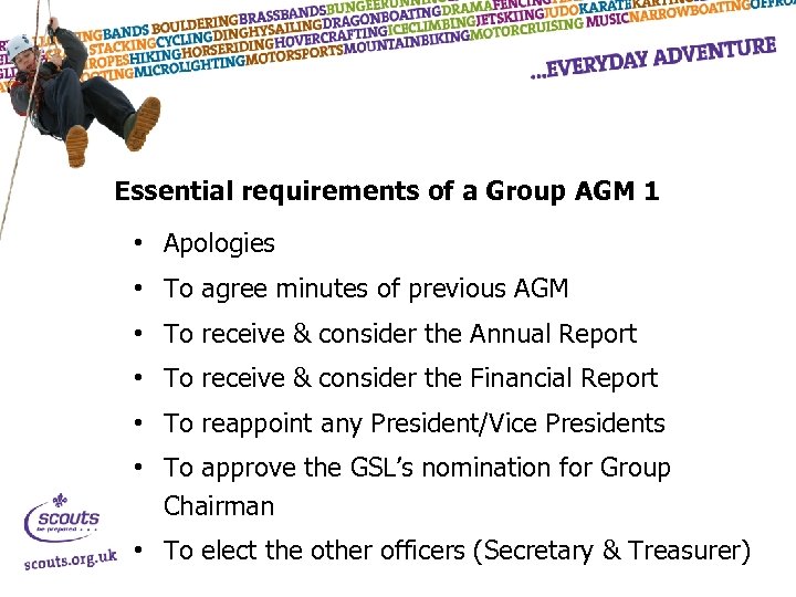 Essential requirements of a Group AGM 1 • Apologies • To agree minutes of