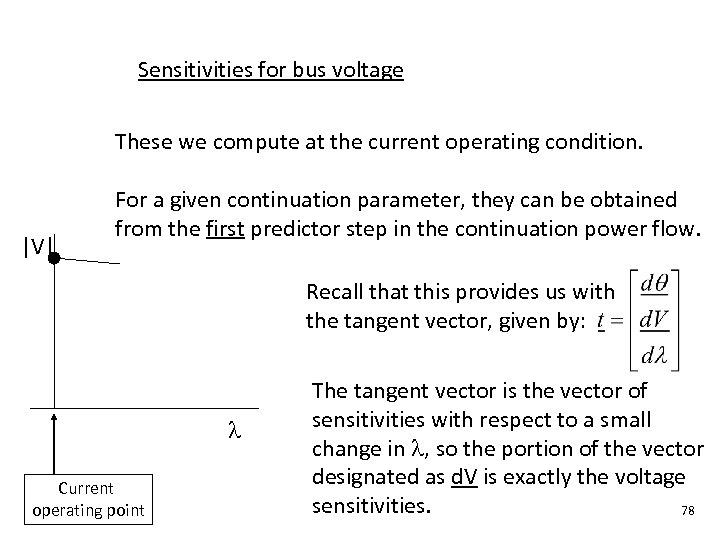 Sensitivities for bus voltage These we compute at the current operating condition. |V| For