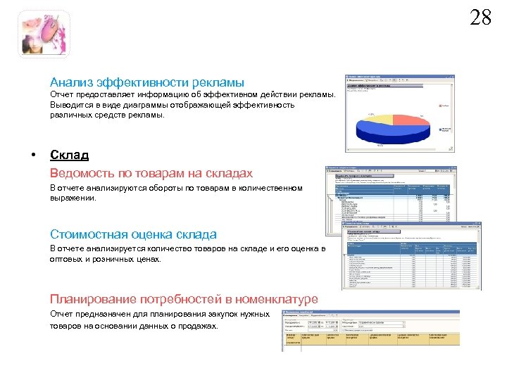 28 Анализ эффективности рекламы Отчет предоставляет информацию об эффективном действии рекламы. Выводится в виде