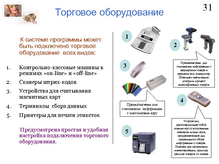 31 Торговое оборудование К системе программы может быть подключено торговое оборудование всех видов: 1.