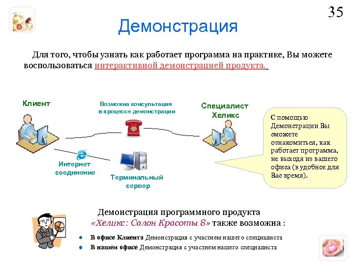 35 Демонстрация Для того, чтобы узнать как работает программа на практике, Вы можете воспользоваться