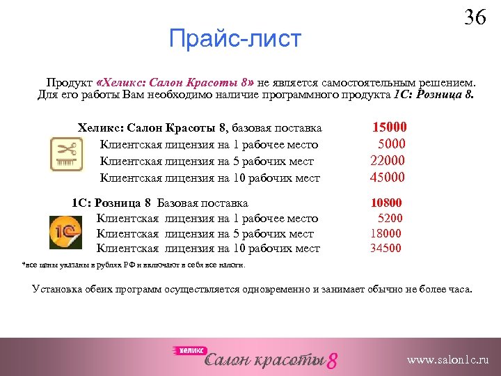 36 Прайс-лист Продукт «Хеликс: Салон Красоты 8» не является самостоятельным решением. Для его работы